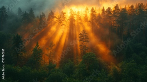 The sun shining through the giant sequoia trees illuminates the mist.