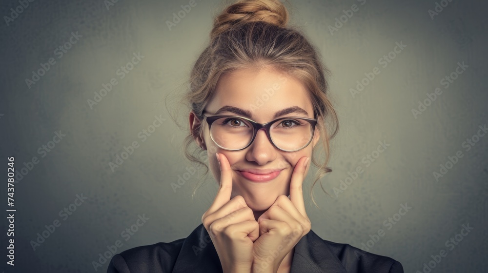 Tired businesswoman forcing a smile by holding up the corners of her mouth with her fingers Tired businesswoman forcing a smile by holding up the corners of her mouth with her fingers