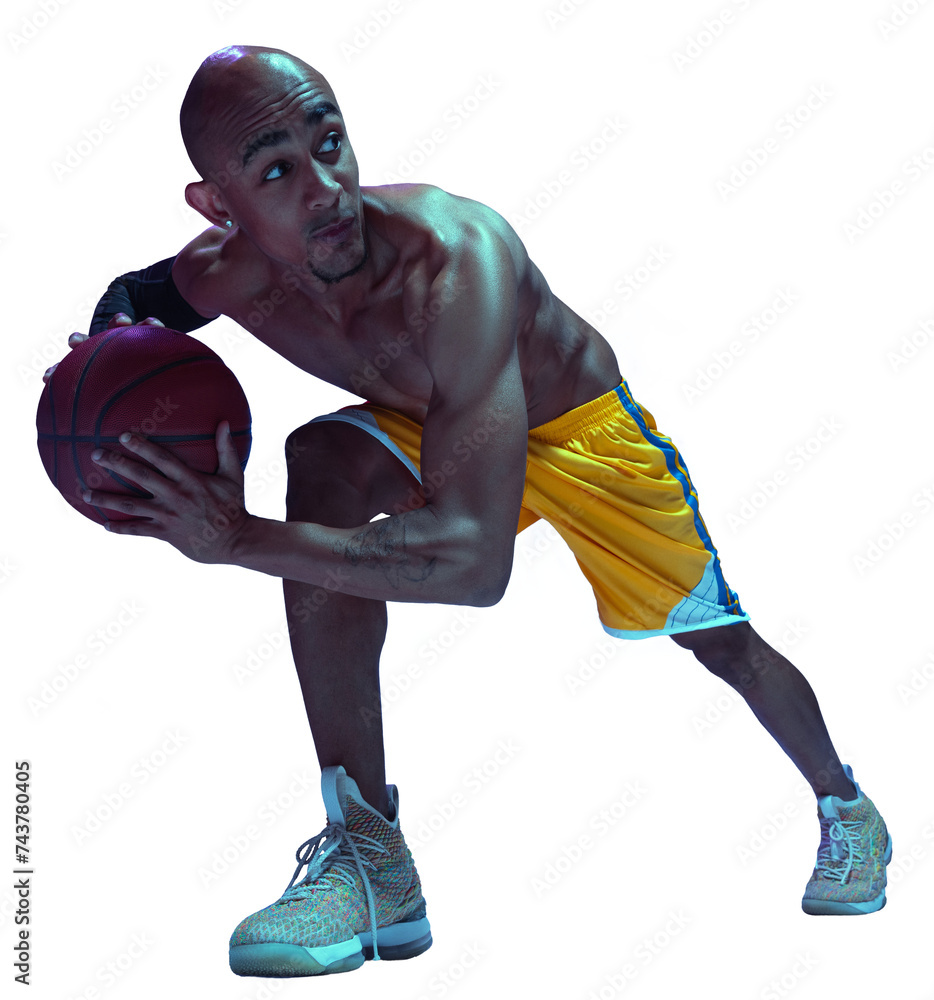 Shirtless muscular young man, basketball player in motion, playing, training isolated on transparent background. Concentration. Concept of sport, competition and tournament, health