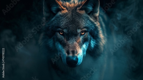 Wolf's face in blue and red light on a dark background.