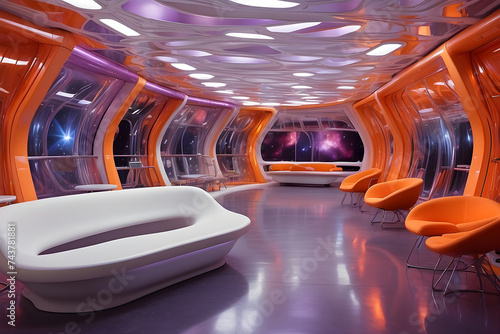 Fototapeta Naklejka Na Ścianę i Meble -  futuristic hard surface interior design of spaceship living room, generative Ai