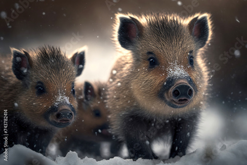 Wild boar piglets in a winter forest. Amazing Wildlife. Generative AI © Yaroslav