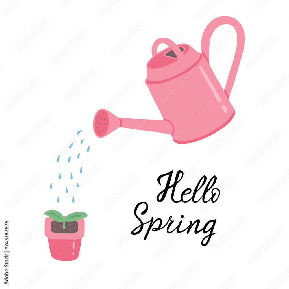 Obraz premium Hello spring, watering can and seedling. Vector Illustration for printing, backgrounds, covers and packaging. Image can be used for greeting cards, posters and stickers. Isolated on white background.