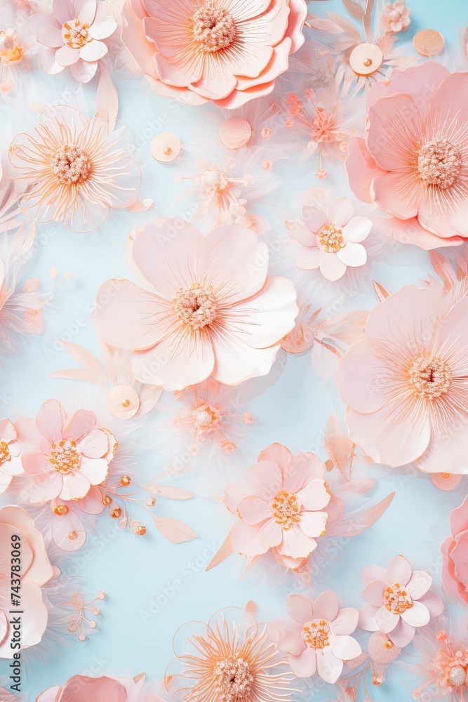 A serene blue background adorned with delicate pink flowers, creating a harmonious and enchanting visual display