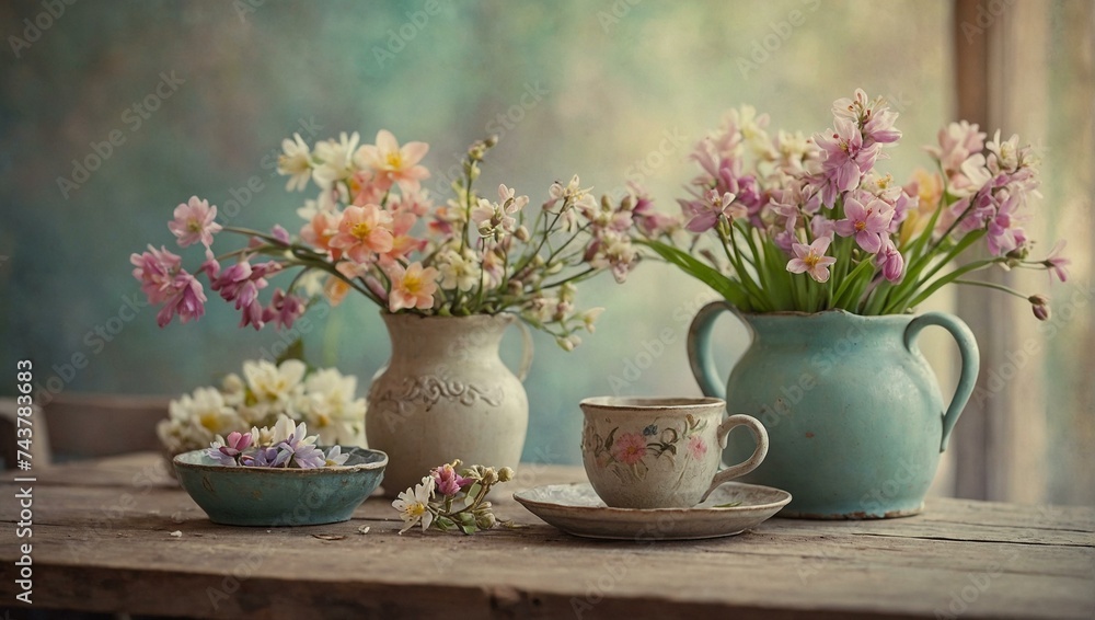 A delicate still life of fresh spring flowers in a pastel vases sits atop a wooden table, adding a touch of nature and tranquility to the indoor space A delicate still life of fresh spring flowers in a pastel vases sits atop a wooden table, adding a touch of nature and tranquility to the indoor space