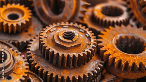 Close-up of a cluster of rusty transmission gears on a table