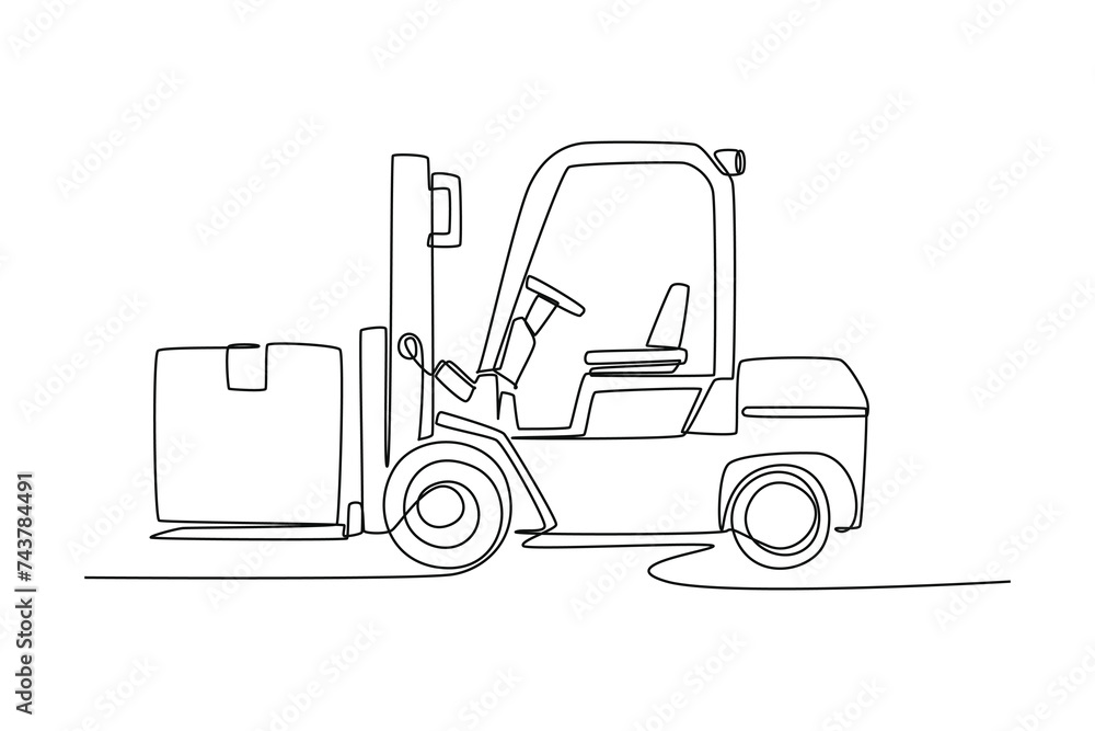 One line drawing of side view of forklift carrying boxes. Courier cargo delivering vehicle transportation concept. Single continuous line draw design