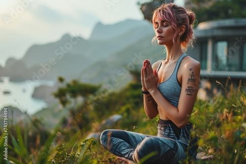 woman sitting in lush green grass, her hands clasped together in contemplation, embodying peace and tranquility in nature