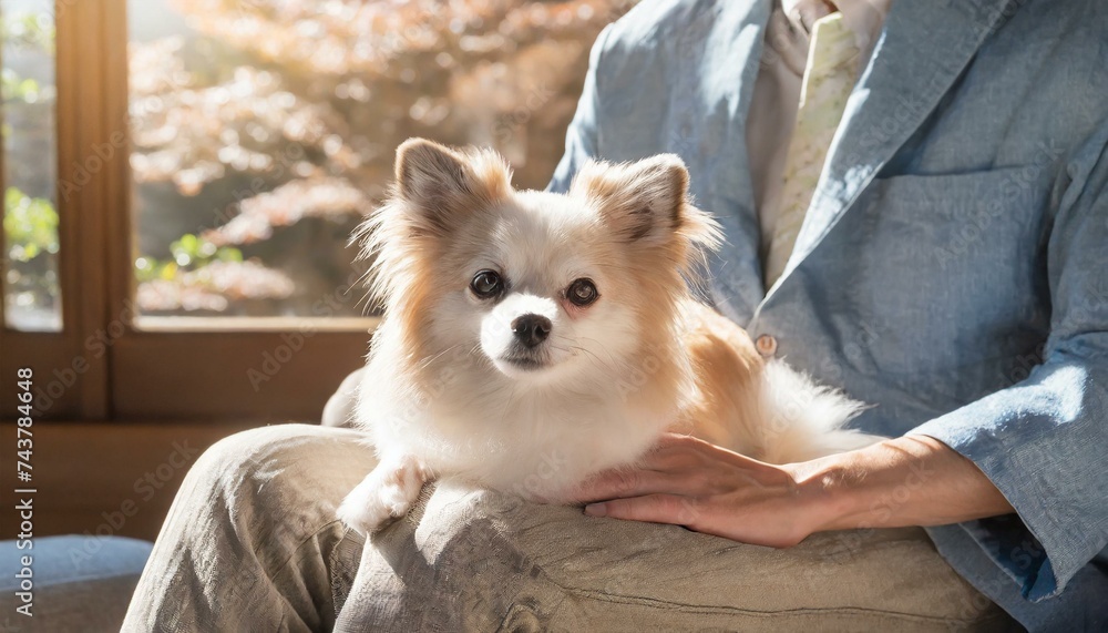 飼い主の膝の上でくつろぐ犬 飼い主の膝の上でくつろぐ犬