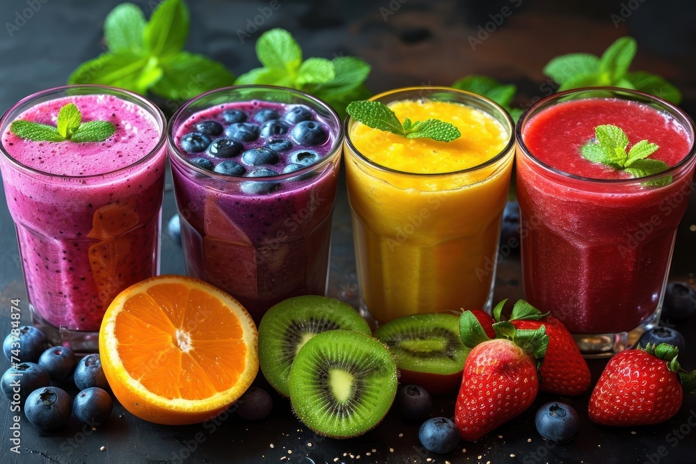 A group of vibrant and refreshing smoothies made with fresh fruits A group of vibrant and refreshing smoothies made with fresh fruits