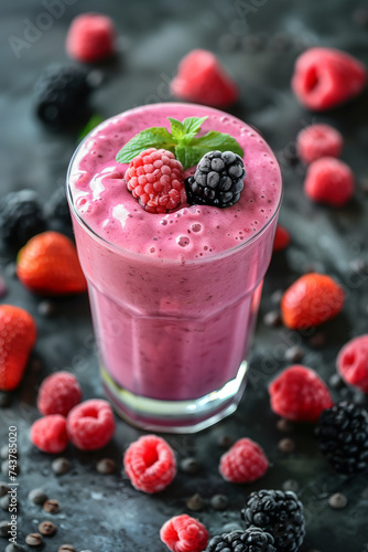 fresh berries smoothie in glass on a dark table.