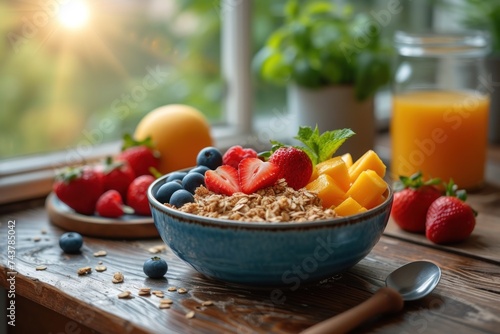 A morning sunshine-filled photo capturing a delicious bowl of granola topped with fresh fruit.