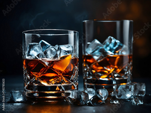 Two glasses of whiskey with ice cubes on the table, strong drinks.