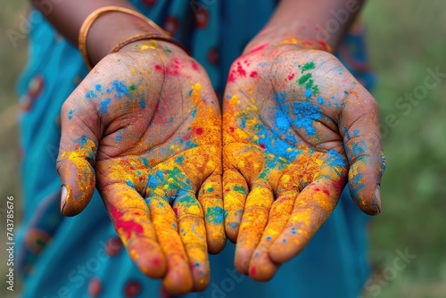 Hands adorned with Holi paint photo