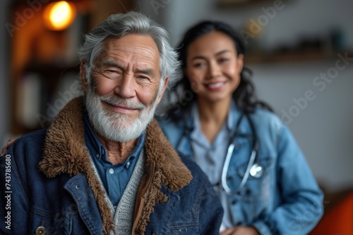 The image shows a man with a white beard and a woman with a stethoscope providing care and assistance to seniors in their daily activities.