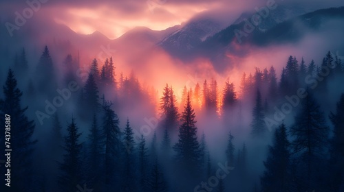 Pink Sunrise on a foggy forest in the mountains. colorful pink sunset in misty mountains photo
