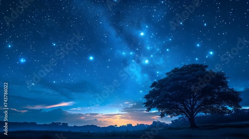 Blue dark night sky with many stars above field with tree trees. Milkyway cosmos background photo