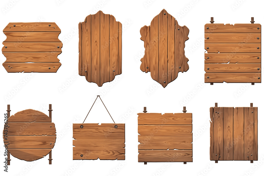 Naklejka premium Set Collection of empty Wooden signs PNG isolated on a white and transparent background - wooden billboard announcement or plank commercial sign business display