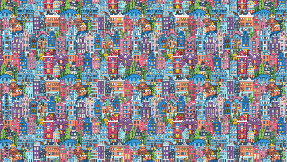 pattern with colorful city scene textile fabric print design	damask seamless