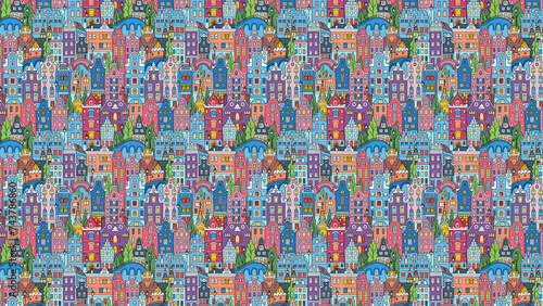 pattern with colorful city scene textile fabric print design damask seamless © Monis