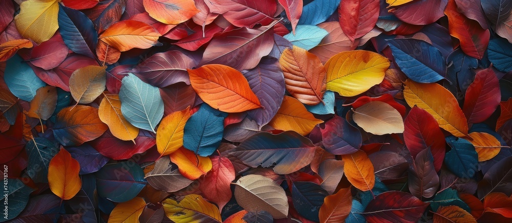 A cluster of mandar leaves laying on the floor in various shades of green and yellow. The leaves are randomly scattered, creating a natural carpet on the ground. A cluster of mandar leaves laying on the floor in various shades of green and yellow. The leaves are randomly scattered, creating a natural carpet on the ground.
