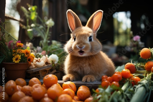 A playful rabbit sits atop a vibrant pile of oranges  basking in the fruity aroma and vibrant colors of its surroundings