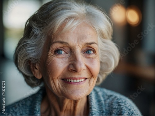Captivatingly joyful senior lady radiates warmth and confidence, showcasing her natural beauty through her beaming smile and elegant wrinkles in a stunning portrait