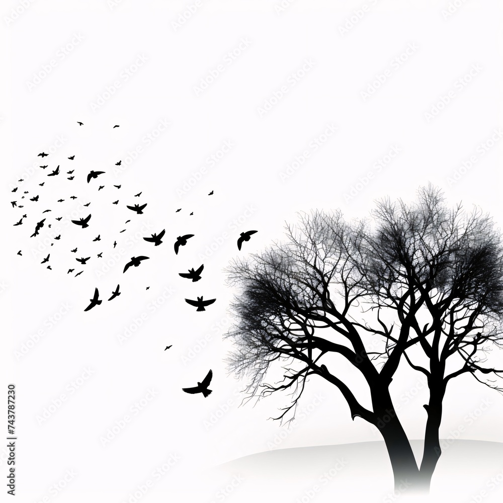 Fototapeta premium Black silhouette, tattoo of birds in flight and a tree on white isolated background. Vector.
