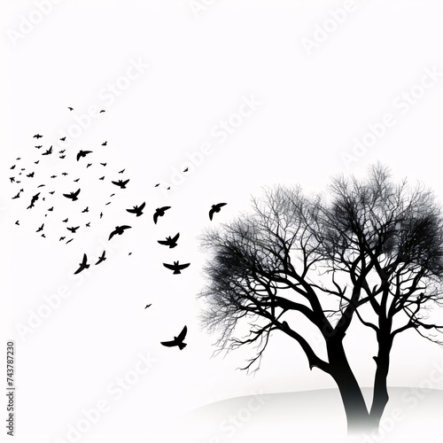 Black silhouette, tattoo of birds in flight and a tree on white isolated background. Vector.