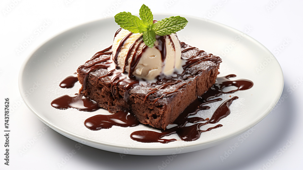 brownie, top view, on plate, with empty plain white background brownie, top view, on plate, with empty plain white background