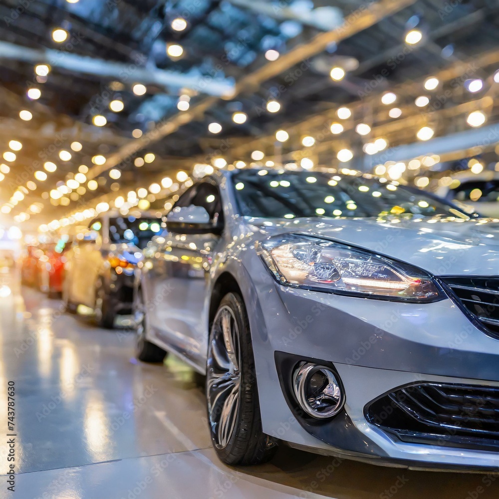 Luxurious cars on display at a high-end showroom, surrounded by captivating light bokeh at a motor show.