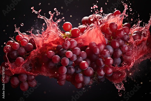 A bunch of juicy grapes joyfully splash with water, creating a whimsical and playful dance of natures bounty