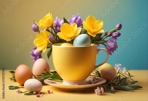 Easter egg and spring flowers in a cup of tea on a yellow background, creative Easter holiday concept, minimalism for postcard design.