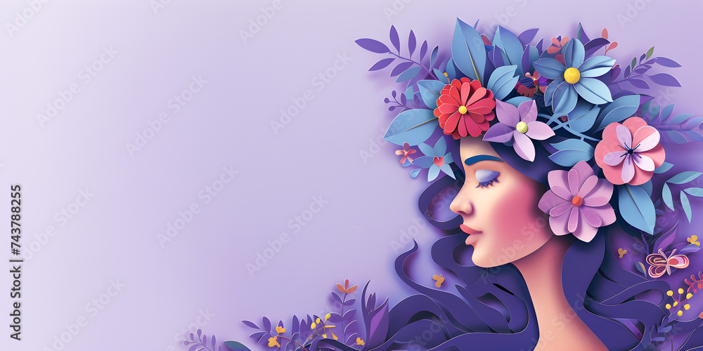 Illustration vector paper cut woman with flowers on head on purple pastel background