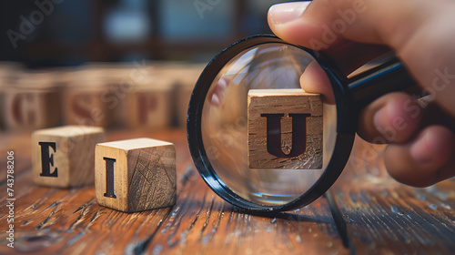 Search Fact or Fake concept, Hand flip wood cube change the word on lantop, magnifier. April fools day  photo