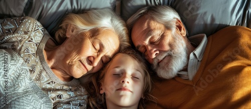 An older man and a younger woman are peacefully sleeping on a bed in this heartwarming scene. The generational bond is evident as they rest together in a serene moment.