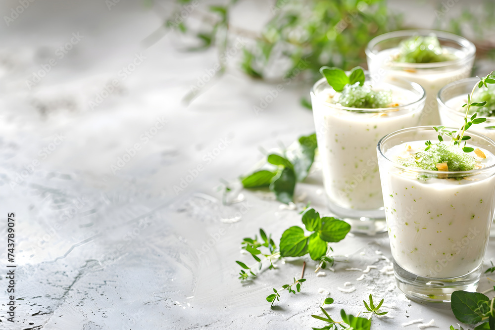Yogurt with postbiotics and irish moss on a light background. Concept for healthy intestine and immune system. Copy space Yogurt with postbiotics and irish moss on a light background. Concept for healthy intestine and immune system. Copy space