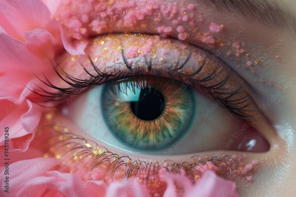 This close-up photo captures a persons eye with dazzling glitter delicately applied on the eyelid, creating a mesmerizing and enchanting effect - obrazy, fototapety, plakaty 