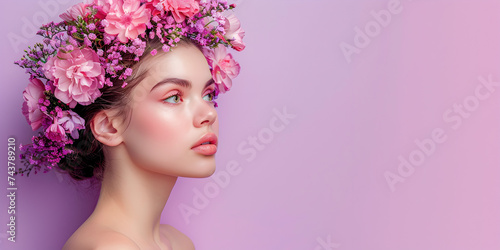 Portrait of a woman with pink flowers wreath on pink