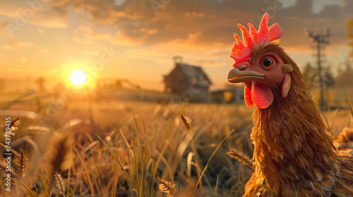 A plucky chicken wielding cutlery stands ready for dinner against the backdrop of a bustling farmyard at sunset