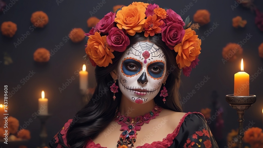 Obraz premium Dia de los Muertos holiday, attributes and traditions. Empty space, banner.