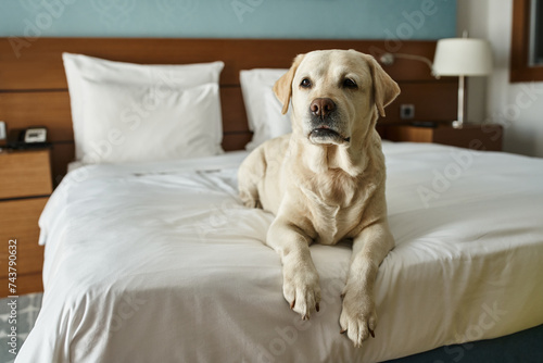 white labrador lying on a white bed in a pet-friendly hotel room, travel with animal companion