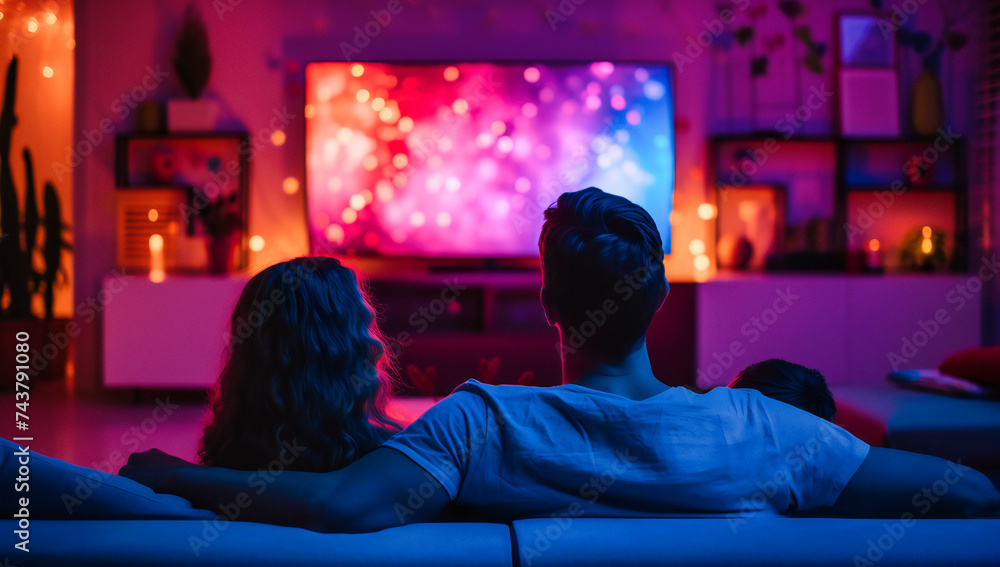 Happy couple enjoying a movie night at home, sitting together on the sofa in a cozy living room setting Happy couple enjoying a movie night at home, sitting together on the sofa in a cozy living room setting