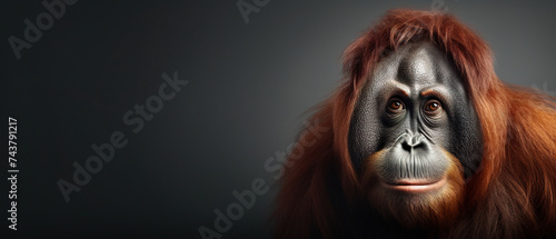 Front view of Orangutan on dark gray background. Wild animals banner with copy space