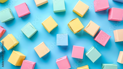 Vibrant Cleaning Sponges in a Rainbow of Colors, Artfully Arranged on a Blue Background, Symbolizing Cleanliness and Organization