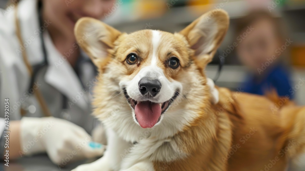 A cheerful Pembroke Welsh Corgi being vaccinated at a veterinarian's clinic, portraying pet healthcare and preventive medicine.
A cheerful Pembroke Welsh Corgi being vaccinated at a veterinarian's clinic, portraying pet healthcare and preventive medicine.