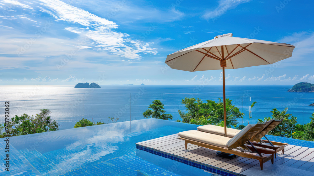 Beautiful landscape of sea ocean on sky with umbrella and chair around luxury outdoor swimming pool in hotel resort for leisure travel and vacation.