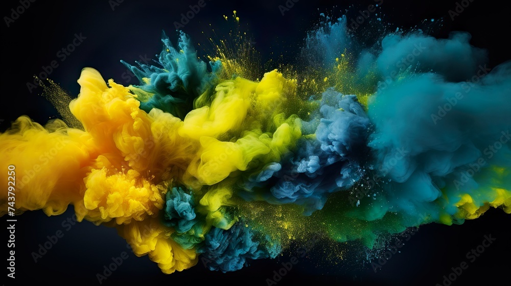 Farbexplosion mit Gelb, Grün und Blau vor dunklem Hintergrund