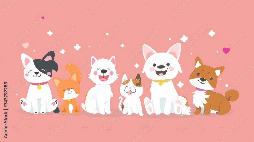 An array of happy animated dogs and cats with cheerful expressions, showcased against a playful pink backdrop adorned with hearts.
An array of happy animated dogs and cats with cheerful expressions, showcased against a playful pink backdrop adorned with hearts.