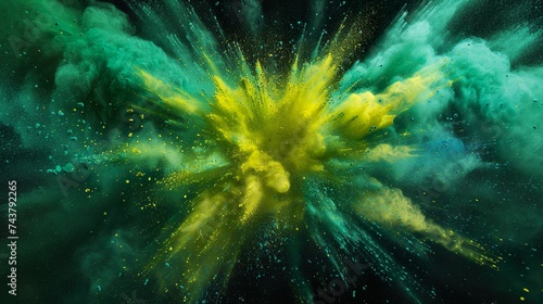 Farbexplosion mit Gelb, Grün und Blau vor dunklem Hintergrund photo